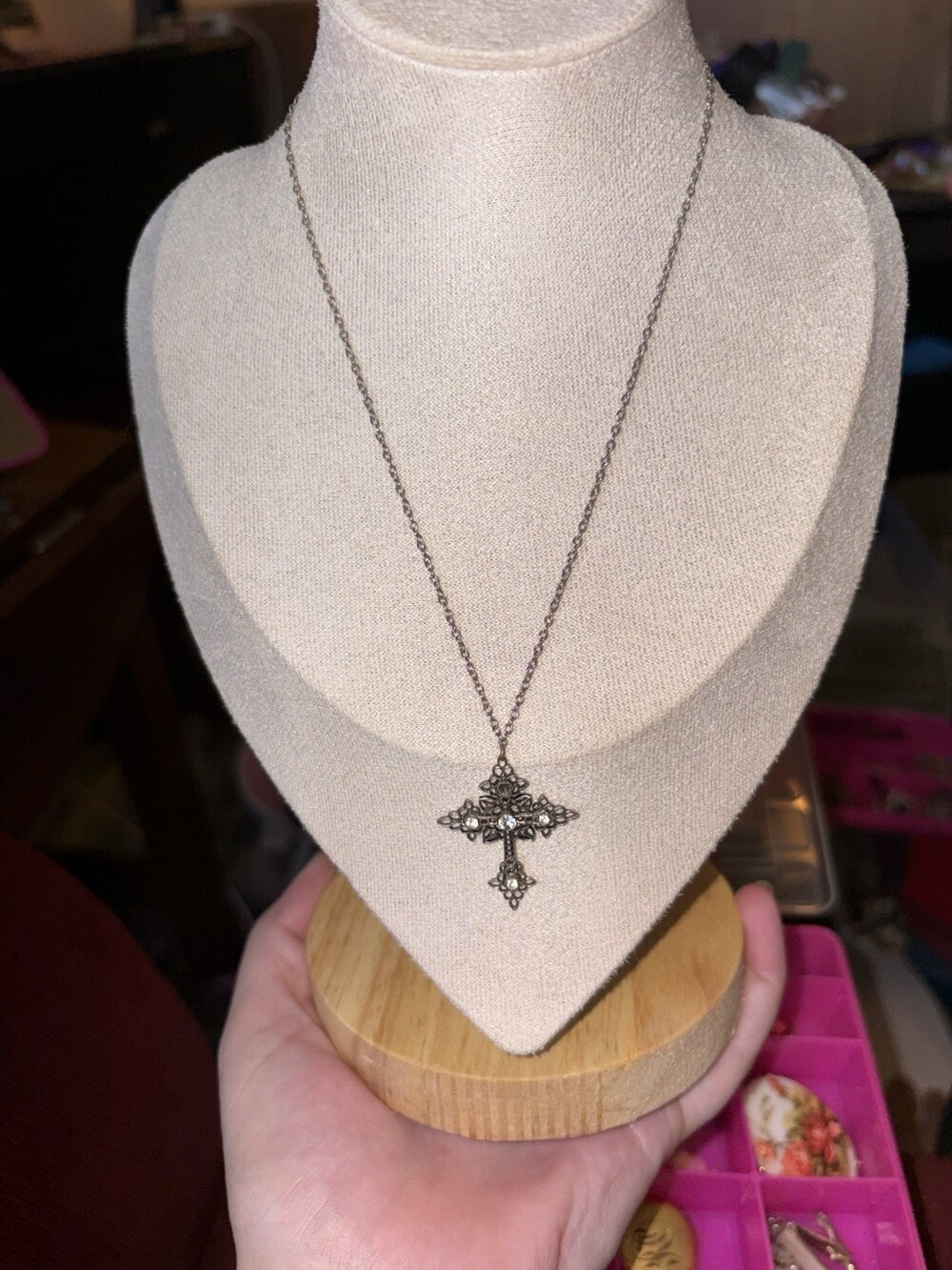 1928 Jewelry Silver Tone Filigree Cross Pendant Necklace Clear Rhinestones